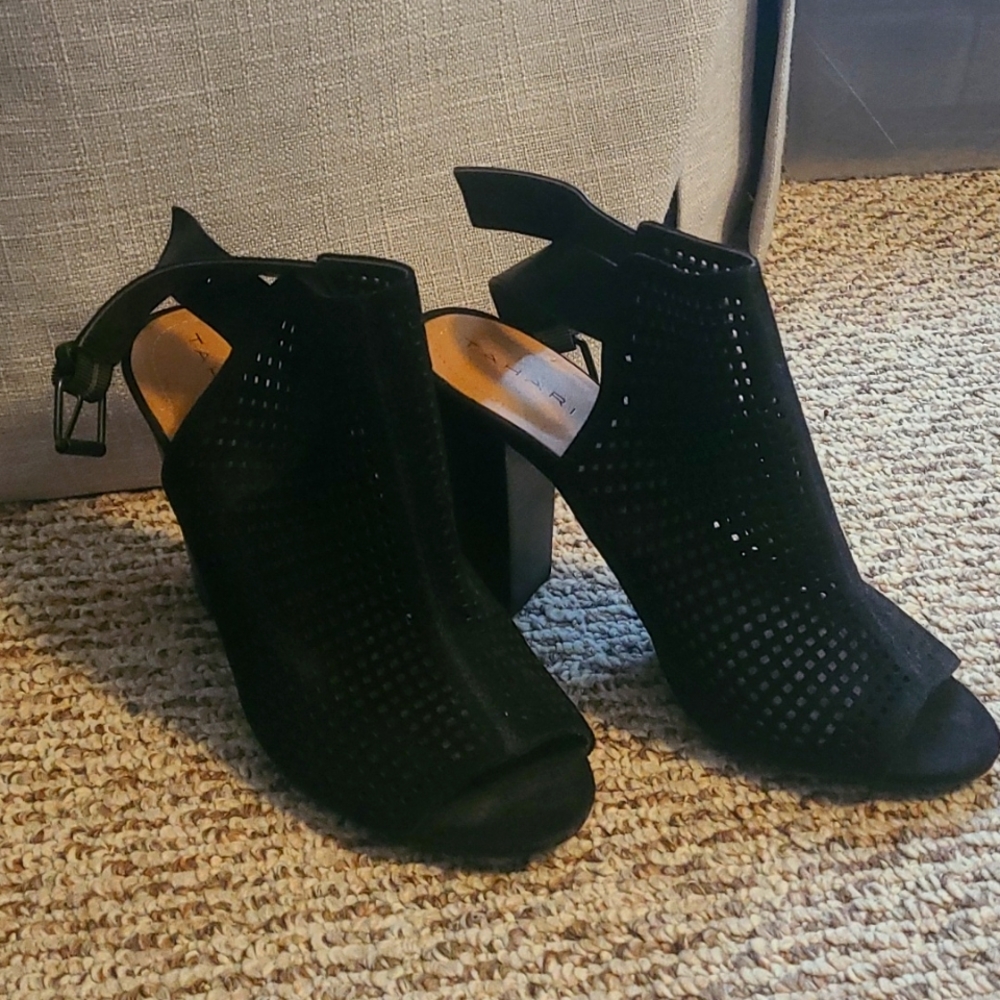Black suede open toe heels- Tahari